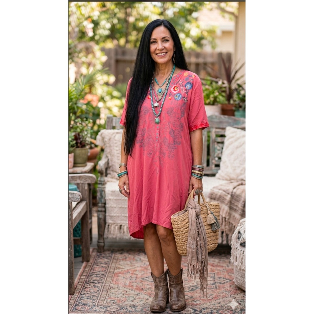 St. Lareina Pink Floral Embroidered Boho Shift Dress Short Sleeve Size Large